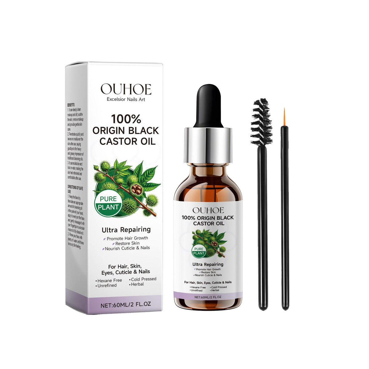 Ouhoe Black Castor Oil Eyebrow Eyelash Hair Soft Shine Skin Care Multi-Effect Care Essential Oil